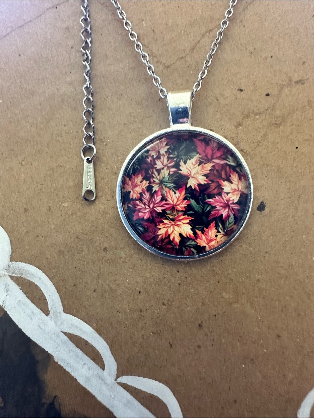 Autumn Leaf Round Pendant Necklace set - Red & Gold Floral Design